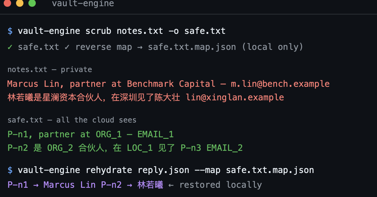 vault-engine：AI 出云隐私脱敏层